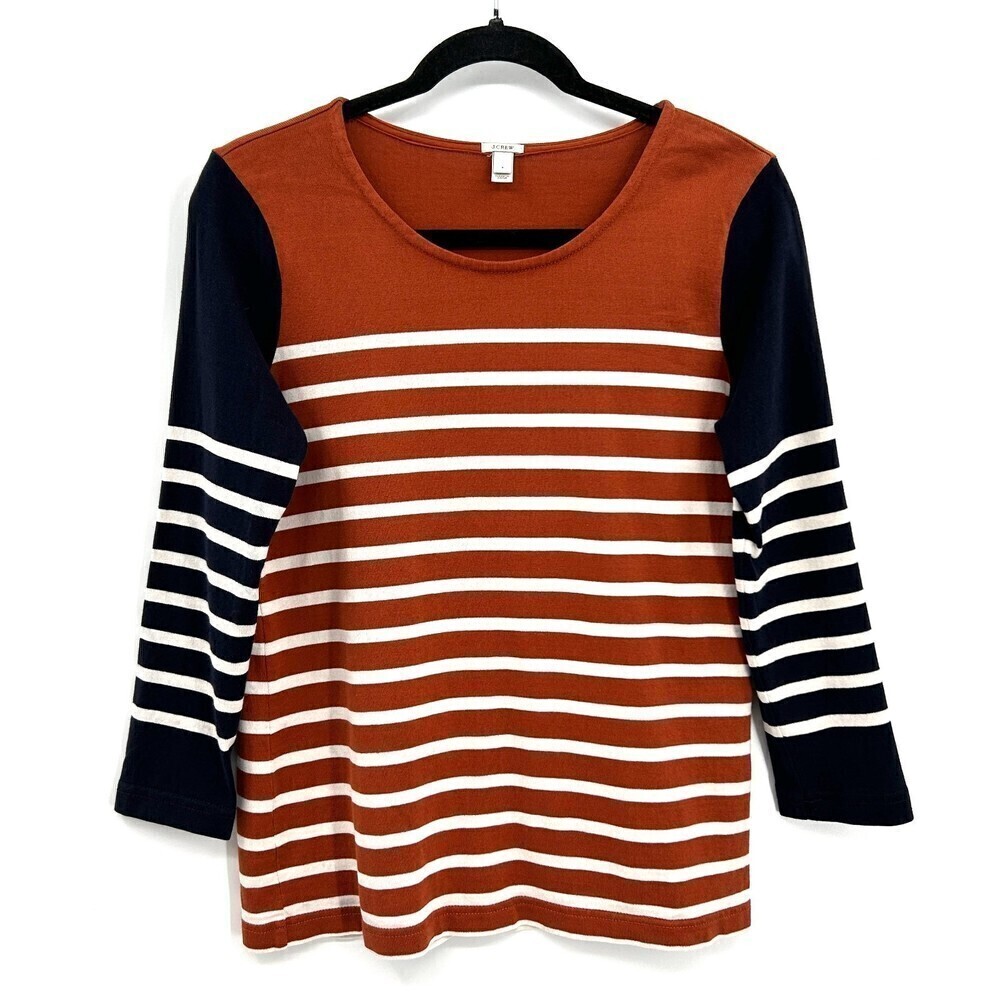 J. CREW Brown Navy Blue White Striped Crew Neck Long Sleeve Top Size Small